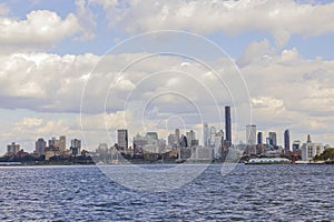 Beautiful aerial view of buildings against backdrop of landscape of Hudson River in Brooklyn. New York,