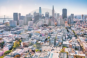 Beautiful aerial view from the Coit Tower to downtown San Francisco, magnificent skyscrapers of the famous American city