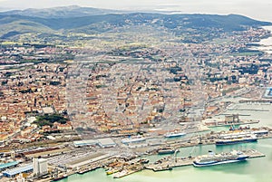 Beautiful aerial view of the commercial port and the city of Livorno, Tuscany, Italy