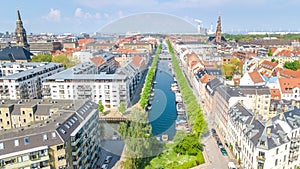 Beautiful aerial view of Copenhagen skyline from above, Nyhavn historical pier port and canal with color buildings and boats