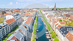 Beautiful aerial view of Copenhagen skyline from above, Nyhavn historical pier port and canal, Copenhagen, Denmark