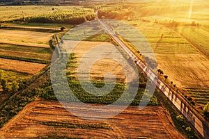 Beautiful aerial view of countryside and fields in sunset