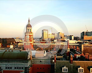 Beautiful aerial view of Croydon, South London with the clock tower in the distance against beautiful sunset.