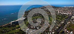 Beautiful aerial view of Diamond Crater and the Waialae golf course and Country Club Oahu, Hawaii.