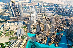 Beautiful aerial view of Downtown Dubai and skyscrapers with pools