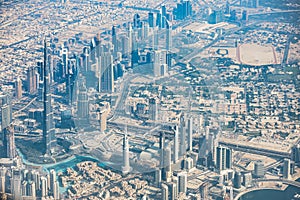 Beautiful aerial view of Dubai down town skyline. Aerial view of Burj Khalifa tower