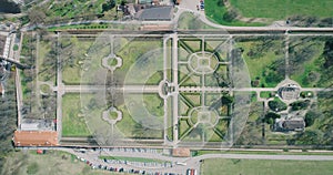 Beautiful aerial view of the garden and fountain in Cesky Krumlov, Czech Republic