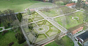 Beautiful aerial view of the garden and fountain in Cesky Krumlov, Czech Republic