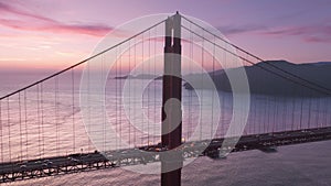 Beautiful aerial view of Golden Gate Bridge at epic rose purple sky background