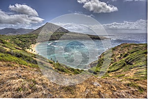 Beautiful aerial view of Haunama Bay Oahu Hawaii