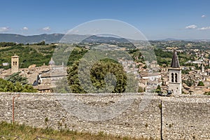 Beautiful aerial view of the historic center of Spoleto, Italy, from the fortress walls