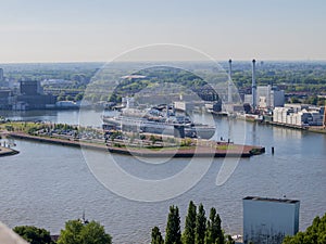 Beautiful aerial view of a hotel cruise in the city of Rotterdam