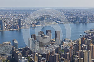 Beautiful aerial view of Hudson river in Manhattan against backdrop of skyscrapers of cityscape. New York.