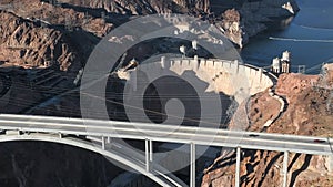 Beautiful aerial view of the hydroelectricity Hoover Dam above Colorado river bridge