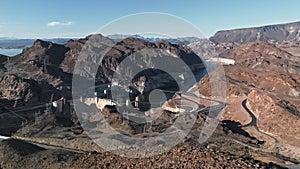 Beautiful aerial view of the hydroelectricity Hoover Dam above Colorado river bridge