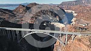 Beautiful aerial view of the hydroelectricity Hoover Dam above Colorado river bridge