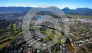 Beautiful aerial view of Kailua, Oahu Hawaii on the greener and rainier windward side of the island