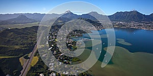 Beautiful aerial view of Kaneohe Bay and the H3 Highway on Oahu, Hawaii