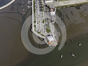 Beautiful aerial view of the lagoon and the Tagus river from above in Portugal. Drone image of the little village of Montijo in photo