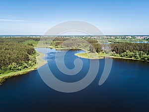 Beautiful aerial view of lake and forest district. Belarus is th