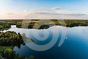 Beautiful aerial view of lake Galve, favourite lake among water-based tourists, divers and holiday makers, located in Trakai,