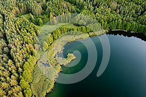 Beautiful aerial view of lake Galve, favourite lake among water-based tourists, divers and holiday makers, located in Trakai,