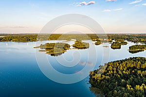 Beautiful aerial view of lake Galve, favourite lake among water-based tourists, divers and holiday makers, located in Trakai,