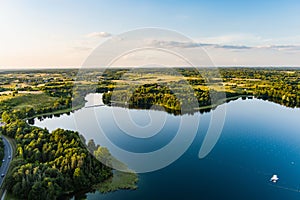 Beautiful aerial view of lake Galve, favourite lake among water-based tourists, divers and holiday makers, located in Trakai,