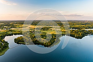 Beautiful aerial view of lake Galve, favourite lake among water-based tourists, divers and holiday makers, located in Trakai,