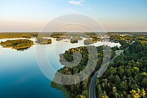 Beautiful aerial view of lake Galve, favourite lake among water-based tourists, divers and holiday makers, Trakai, Lithuania