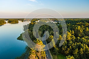 Beautiful aerial view of lake Galve, favourite lake among water-based tourists, divers and holiday makers, Trakai, Lithuania