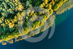 Beautiful aerial view of lake Galve, favourite lake among water-based tourists, divers and holiday makers, Trakai, Lithuania