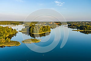 Beautiful aerial view of lake Galve, favourite lake among water-based tourists, divers and holiday makers, Trakai, Lithuania