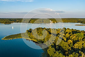 Beautiful aerial view of lake Galve, favourite lake among water-based tourists, divers and holiday makers, Trakai, Lithuania