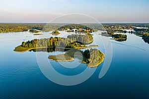 Beautiful aerial view of lake Galve, favourite lake among water-based tourists, divers and holiday makers, Trakai, Lithuania