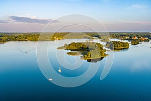 Beautiful aerial view of lake Galve, favourite lake among water-based tourists, divers and holiday makers, Trakai, Lithuania