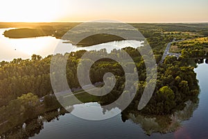 Beautiful aerial view of lake Galve, favourite lake among water-based tourists, divers and holiday makers, Trakai, Lithuania