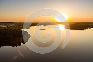 Beautiful aerial view of lake Galve, favourite lake among water-based tourists, divers and holiday makers, Trakai, Lithuania