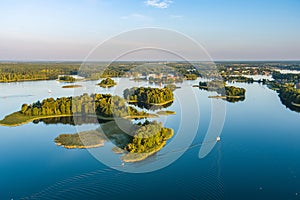 Beautiful aerial view of lake Galve, favourite lake among water-based tourists, divers and holiday makers, Trakai, Lithuania