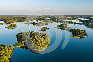 Beautiful aerial view of lake Galve, favourite lake among water-based tourists, divers and holiday makers, Trakai, Lithuania