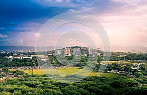 Beautiful aerial view landscape of green Pune city, Maharashtra, India