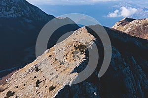 Beautiful aerial view of Lovcen National Park panorama, seen from mount Lovcen, Njegos mausoleum observation deck, Montenegro in a