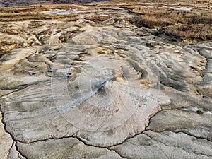 Beautiful aerial view of a lunar landscape  over the muddy volcanoes