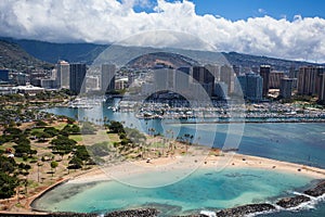 Beautiful aerial view of Magic Island Ala Moana Harbor Waikiki Honolulu Oahu Hawaii