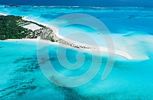 Beautiful aerial view of Maldives and tropical beach . Travel and vacation