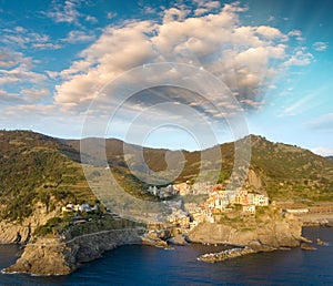 Beautiful aerial view of Manarola from helicopter - Five Lands,