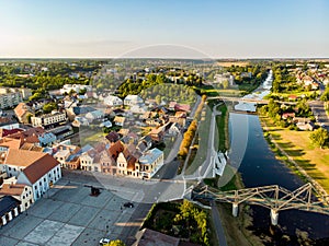 Beautiful aerial view of the market square of Kedainiai, one of the oldest cities in Lithuania. Unique colorful Stikliu houses in