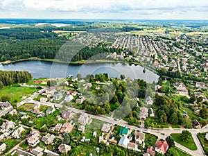 Beautiful aerial view of Moletai region, famous or its lakes. Scenic summer evening landscape in Lithuania