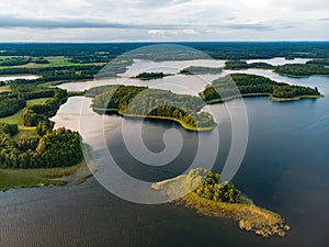 Beautiful aerial view of Moletai region, famous or its lakes. Scenic summer evening landscape in Lithuania