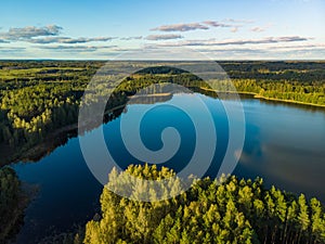 Beautiful aerial view of Moletai region, famous or its lakes. Scenic summer evening landscape, Lithuania